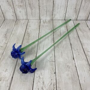 Vintage Hand Blown Blue Art Glass Sculpted 18.5” Long Stemmed Flower Lot…